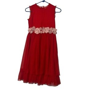 Mini Boden girls red tulle Swiss dot tiered dress 3D floral belt 11-12y